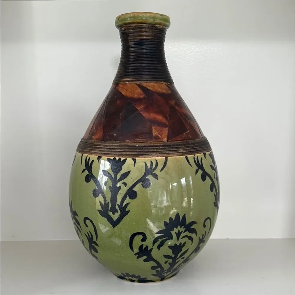 PIER ONE LARGE Decorative Ceramic Vase with Green Brown Black Pattern Decor